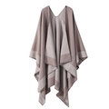 Detail view of the soft V-neck knitted texture on a gray and beige striped poncho wrap - Contrast Border-Khaki Beige Reversible