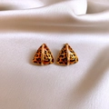 Detailed view of triangular leopard print earrings with gold vertical line on silk - Gold Leopard Triangle (Silver Earring Post)