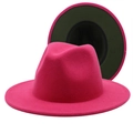 Classic pink wool fedora hat with contrast dark green lining and wide flat brim - Rose Red (Army Green Inside)