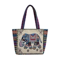 Detailed close-up of intricate elephant and floral embroidery on ethnic canvas tote bag - Green Border Elephant