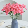 Pink handmade crochet lily flowers in a blue vase for elegant home tabletop decoration - Bloomed Deep Pink Tulip