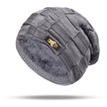 Gorro de punto grueso de invierno para hombre y mujer con forro polar y parche de cuero - Solo Gorro / Gris