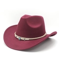 Close-up of wine red wool fedora hat featuring woven band and evil eye charm detail - M(56-59CM) / Burgundy