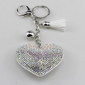 Sparkling rhinestone heart keychain with white leather tassel and silver metal ring - White With AB Rhinestones
