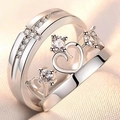 Adjustable couple ring with crown and heart design, platinum plated silver with crystals - Crown Guarding The Heart
