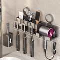 Gunmetal grey bathroom shelf with hairdryer holder and electric toothbrush rack - 3-Person + Toothpaste Dispenser