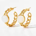 Gold C-shape chunky chain earrings with a white round gemstone in retro French style - 14K Gold Plated White