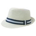 Beige straw fedora hat for men featuring blue striped ribbon trim and woven texture - 58cm / Off White