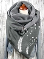 Dark grey scarf shawl with white feather and bird print featuring a secure metal button - 2-Grey Feather Birds