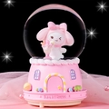 Pink candy house musical snow globe featuring a cute cartoon bunny and sparkling glitters - 335-Pink/Closed Eyes