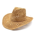 Hollow out hand-woven straw cowboy hat with wide brim for summer sun protection - M (56-58cm) / Khaki