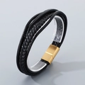 Detail of multi-layer black braided leather bracelet with golden magnetic clasp - Multi-layer Black Woven With Gold Clasp (KB210527-KFC)