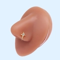 Detailed close-up of golden L-shaped nose stud with white heart zircon on a model - Gold White Heart Zirconia (#13)