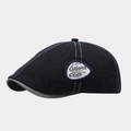 Detail of black cotton flat cap featuring contrasting blue stitching and a circular patch - Navy Blue