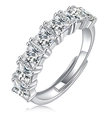 Macro detail of adjustable silver ring featuring seven princess cut moissanite stones - Adjustable Open / Princess Cut Style (R12846)