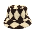 Close-up of plush plaid bucket hat texture with brown and cream diamond pattern - M (56-58cm) / Coffee