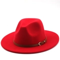 Detail of red wool felt fedora with a brown leather belt strap and gold metal buckle - M (56-58cm) / 04 Red