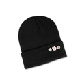 Detail view of black ribbed knit beanie with decorative heart, flower, and rhinestone pins - M (56-58cm) / Black With Decorative Buttons