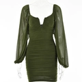 Elegant green deep V-neck mini dress with long mesh puff sleeves and ruched texture details - S / Army Green