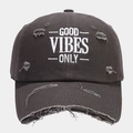 Distressed dark grey cotton baseball cap featuring GOOD VIBES ONLY embroidery and worn details - Adjustable / Dark Gray