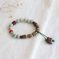 Bracelet tibétain éléphant avec perles de jade vert et corde tressée rétro pour femme - Style Gland Perles en Bois