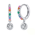 Polished S925 silver hoop earrings with rainbow gemstones and round clear crystal drop - Rainbow Row Round Charm Earrings / Silver with Colored Stones