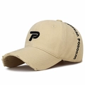 Distressed beige baseball cap with 3D letter P embroidery and vintage frayed brim - Adjustable / Light Beige