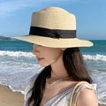 Women's light beige straw sun hat with black ribbon bow and wide brim for beach - Beige Black Edge Indented Top Hat (D-358)