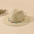 Cappello di paglia bohémien beige con perline colorate e ciondoli in turchese - M (56-58cm) / Beige Chiaro