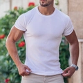Men's slim-fit white short-sleeve T-shirt with vertical rib-knit texture and crew neck - S / White