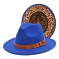 Blue fedora hat with a leopard print brim lining and a brown faux leather buckle band - M (56-58cm) / Sapphire Blue