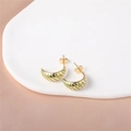 Detail of C-shaped gold earrings with green enamel stripes on a white display tray - Gold (E00288-19)