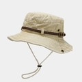 Close-up of beige outdoor hat with brown leather strap and Traveller S embroidery - One Size / Khaki