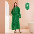 Thick emerald green plush bathrobe for women featuring white contrast piping and waist tie - Emerald Green (Women)