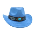 Sky blue suede cowboy hat featuring leather floral embroidery and a turquoise gemstone - Blue [Wide Leather Embroidery]