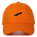 Close-up of orange baseball cap featuring black and red skateboard pattern embroidery - Adjustable / Orange