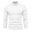 Close-up of the white knit texture and ribbed high-neck detail on this men's sweater - Turtleneck Beige