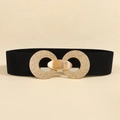Women's black elastic waist belt with textured gold geometric round buckle accessory - Black (19766)