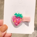 Pink strawberry acrylic hair clip with star sequins and ribbon-wrapped metal base - Strawberry