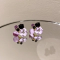 Gros plan de boucles d'oreilles fleurs mauves avec pétales en résine et strass brillant - Fleur de Cristal Violette (22# Aiguille en Argent)