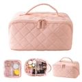 Pink quilted makeup bag details showing large capacity compartments and internal storage - Pink (Main Bag And Transparent Pouch)