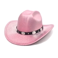 Close-up of pink western cowboy hat with silver metallic stripes and black studded band - M (56-58cm) / Deep Pink