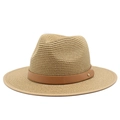 Detail of khaki straw Panama hat with brown faux leather band and gold stud accent - M (56-58cm) / Khaki