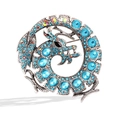 Silver dragon brooch with light blue rhinestones and faceted round blue gemstones - Blue Rhinestone Round Dragon