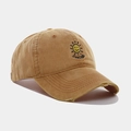 Detail of sunshine smile embroidery and vintage distressed frayed brim on cotton baseball cap - Adjustable / Yellow