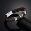 Bracciale in pelle intrecciata marrone con chiusura magnetica argento ed elementi a croce - caffè