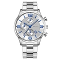 Reloj cronógrafo de acero plateado para hombre con esfera blanca texturizada y números azules - Esfera Blanca Agujas Azules Caja Plateada