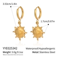 Detail view of gold stainless steel sun face drop earrings with size measurements - Gold Sun Smile Face Style (YYE025342)