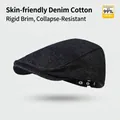 Dark blue denim newsboy cap for women with UPF 50 sun protection and metal buckle - Black