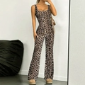 Slim fit backless leopard print jumpsuit with square neck and flared legs for women - S / Leopard Print